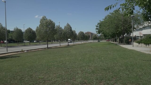 Grass trees street gimbal stabilized traveling walking Terrassa road