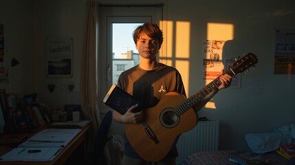 Obraz premium Sunlit room with person holding guitar and book. Warm light, shadows, and creative decor evoke themes of music, solitude, and introspection. Ideal for editorial, lifestyle, and storytelling visuals.