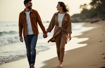 Couple walking hand in hand along a sandy beach at golden hour with smiles