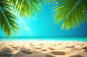 Fototapeta premium Sandy beach with palm leaves framing turquoise ocean and clear blue sky