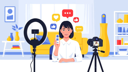 A smiling beauty influencer films a skincare product review in her bright home studio using a ring light and professional camera, surrounded by colorful social media icons representing engagement