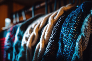 Second hand clothes swap event features cozy knit sweater in various color and texture hanging on rack creating warm inviting atmosphere for sustainable fashion lovers