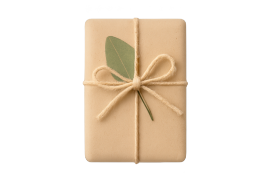 Beige gift box tied with natural twine and green leaf accent - Powered by Adobe