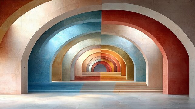 An abstract image featuring a series of colorful arches receding into the distance, creating a sense of depth and perspective. The scene is bathed in natural li