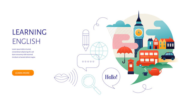 Fototapeta English Language learning, concept design. Travel, tourism illustration of Great Britain. Speech bubble with image of London inside