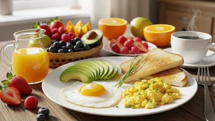 Healthy breakfast plate with fried egg, scrambled egg, toast, avocado, and fresh fruit juice