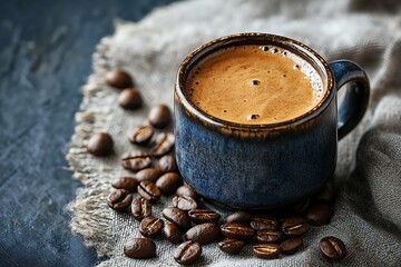 Rich espresso surrounded by scattered coffee beans high resolution picture