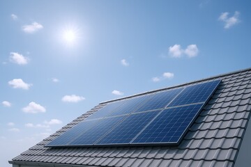 Solar Panels on Roof Top with Blue Sky Background - Renewable Energy Source, Sustainability Concept