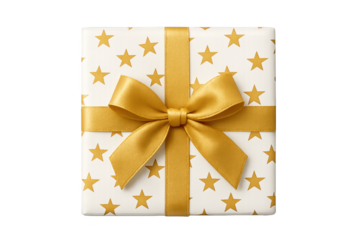 White gift box with gold stars, wrapped with yellow-gold ribbon tied in bow
