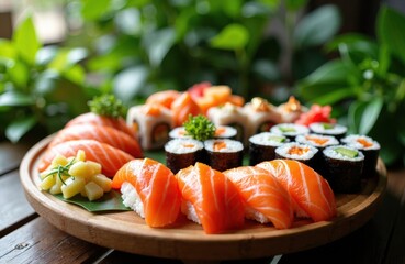 Salmon nigiri and sushi rolls on wooden platter with greenery background