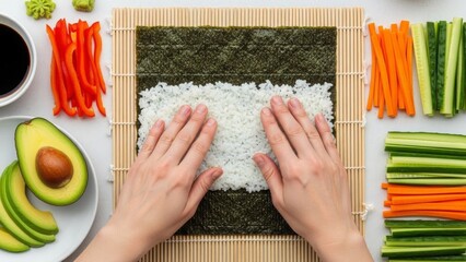 Hands spreading sushi rice on nori seaweed sheet with fresh vegetable ingredient preparation