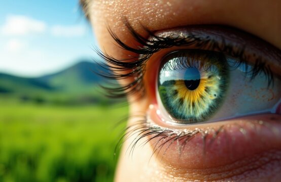 Woman close-up eye reflecting green landscape with vivid multicolored iris