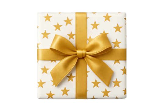 White gift box with gold stars, wrapped with yellow-gold ribbon tied in bow