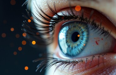 Blue eye close-up with long eyelashes and warm bokeh light reflections