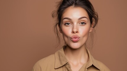 Young caucasian female with playful expression on neutral background