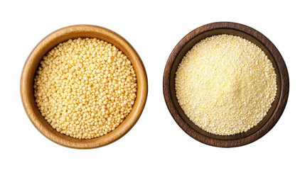 Two wooden bowls filled with couscous and semolina isolated on transparent background