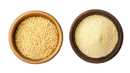 Two wooden bowls filled with couscous and semolina isolated on transparent background