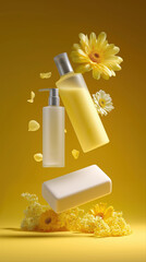 Floating yellow skincare set amidst flowers and petals on yellow background