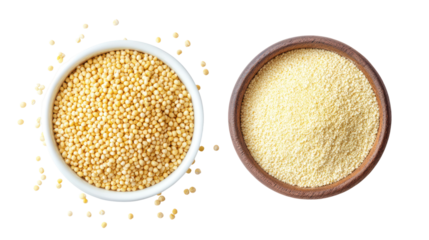 Two bowls of yellow grains and flour isolated on transparent background
