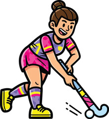 Energetic Cartoon Female Field Hockey Player Dribbling Vector