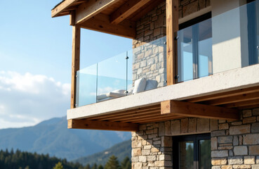 Obraz premium Modern mountain chalet balcony with glass railing wooden beams and view