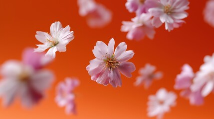Vibrant cherry blossoms floating against bright orange background