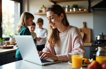 Woman working on laptop at kitchen counter with children in background smiling