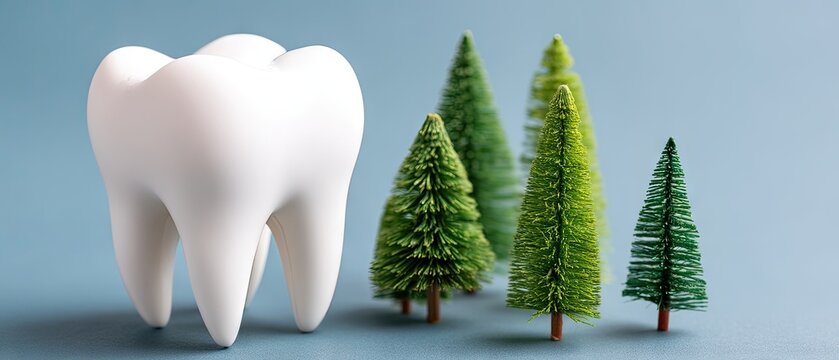 Large white tooth stands next to miniature green trees on a blue background, emphasizing oral health and nature in a creative setting