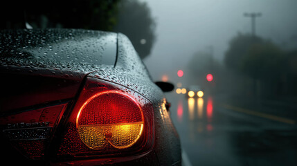 Close-up shot of a car tail light covered in raindrops on a foggy, wet night.