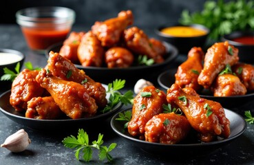 Fototapeta premium Buffalo fried chicken wings glazed in spicy sauce served with dipping sauces