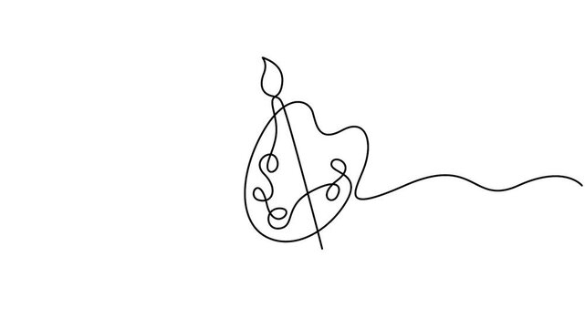 Minimalist continuous one-line drawing of an artist's paint palette and a paintbrush animation video