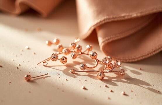 Rose gold jewelry pieces with crystal accents on soft satin backdrop and subtle sheen - Powered by Adobe