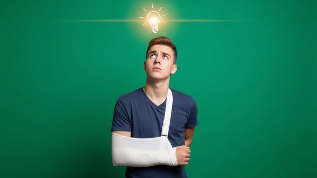 A young man with a broken arm in a sling looks up at a glowing light bulb, symbolizing a new idea or inspiration.