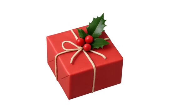 Red gift box with beige twine and holly sprig - Powered by Adobe