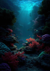 Obraz premium Dramatic underwater scene showcasing a vibrant coral reef canyon illuminated by sunbeams.