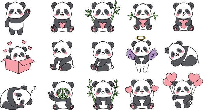 Mega Cute Vector Set of Cartoon Panda Bears in Various Poses, Holding Hearts, Bamboo, Peace Signs, and Balloons, Including Sleeping, Waving, and Angel Designs for Affectionate Themes