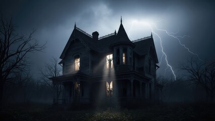 Eerie Victorian mansion shrouded in mist with lightning striking ominously in the stormy night sky.