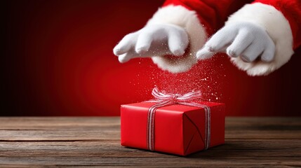 Festive santa gloved hands preparing a red gift box with sparkling magic on wooden table