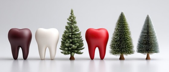 Unique dental decor forms featuring tooth designs alongside mini Christmas trees in vibrant colors showcasing a creative festive theme