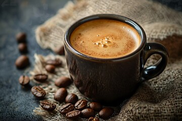 Aromatic espresso served in textured ceramic cup high resolution picture