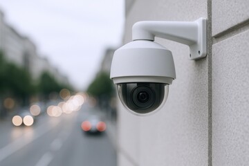 Security Camera on Building Exterior: Surveillance System Protecting Urban Environment, Safety and Crime Prevention