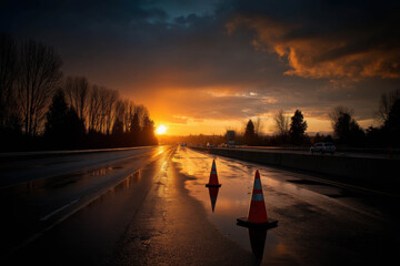 Wet highway reflecting a dramatic sunset sky, traffic cones marking construction or hazard.