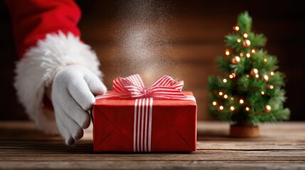 Festive santa hand with gift and christmas tree décor on wooden table