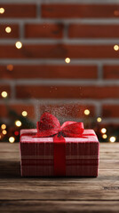 Festive christmas gift with red ribbon and magical sparkle in holiday setting