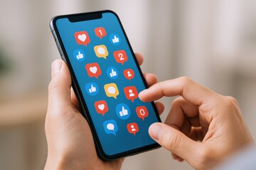 Hands Holding Smartphone with Social Media Notifications Displayed, Depicting Engagement, Connectivity, and Digital Lifestyle