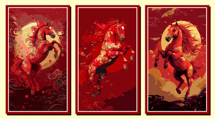 Red fire horse illustration inspired by Chinese zodiac, lunar new year art with golden moon, vibrant flames, decorative patterns, fantasy style, cultural festival design