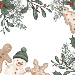 Square frame watercolor illustration with pine branches, for tree, bow. Postcard for holly and red berries and sweet cookie gingerbread. Hand drawn new year illustration snowman.