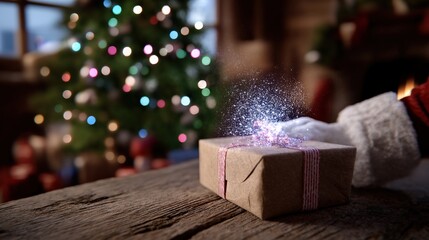 Magical christmas eve with santa's gift under decorated tree