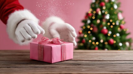 Santa's hands magic dust over gift with christmas tree background