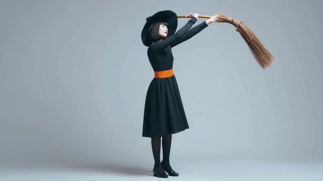 女性が魔女衣装で立つシンプル背景のスタジオ
